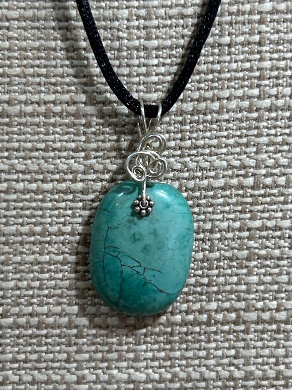 Turquoise Colored Howlite Stone Artisan Wire Wrap Necklace Oval Pendant